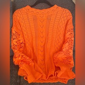 Crew neck women’s crochet sleeves cotton sweater